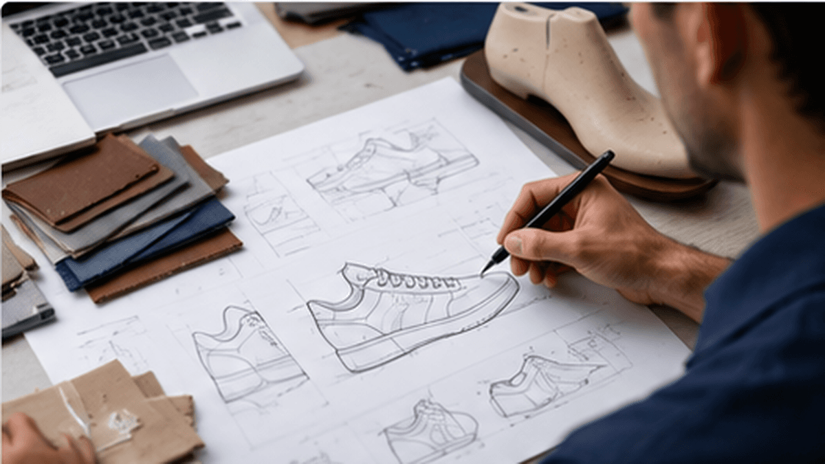 Product designer sketching a footwear concept alongside material swatches