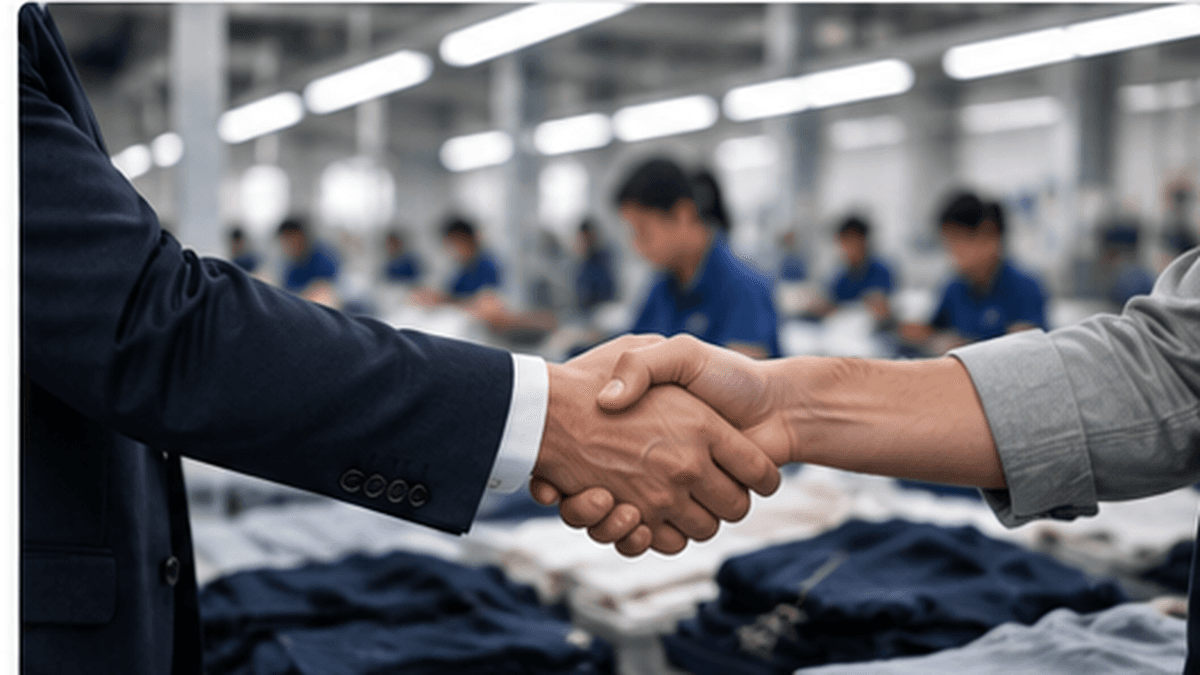 Handshake confirming a manufacturing partnership on a factory floor
