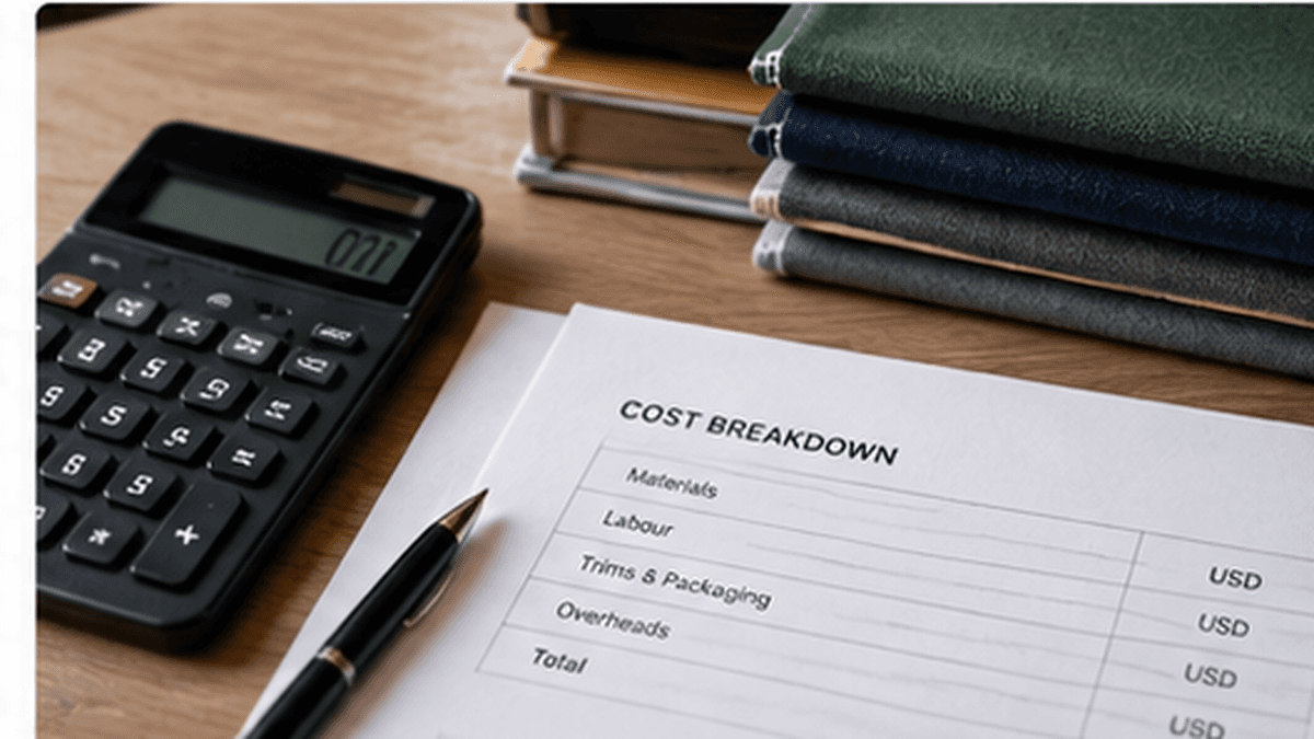Cost breakdown sheet with calculator and fabric swatches