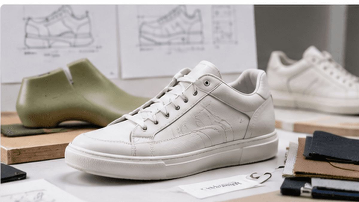 Finished footwear sample beside technical sketches and a shoe last