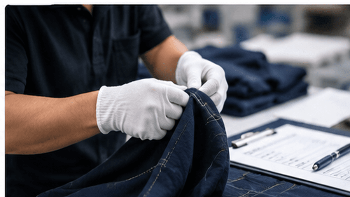 Inspector checking stitching quality on a garment