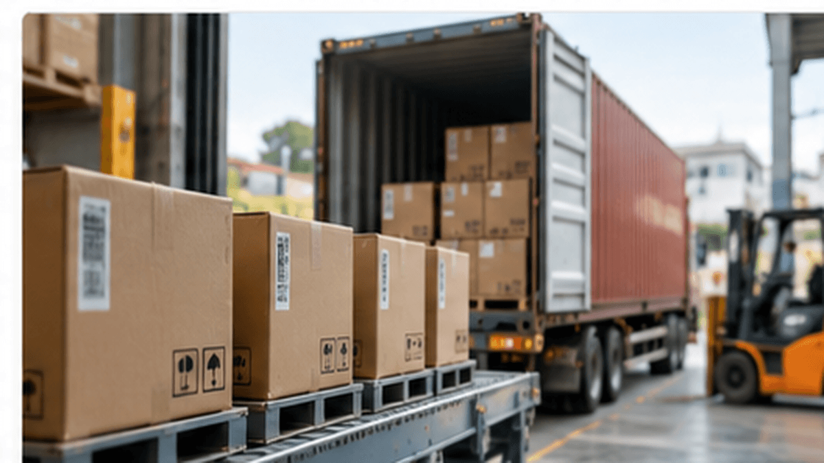 Packed cartons staged for loading at a shipment dock